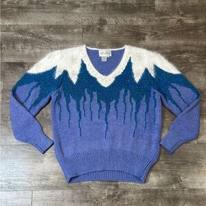 VINTAGE CHRISTINE LADIES SWEATER PURPLE HAND KNIT WITH WHITE ANGORA YOKE L